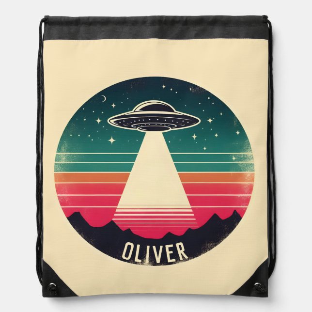 Vintage UFO at Sunset Personalized Drawstring Bag (Front)