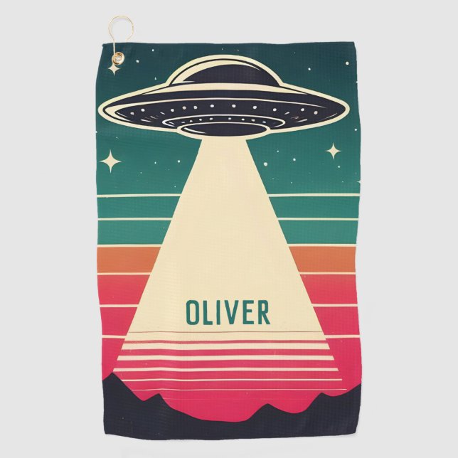 Vintage UFO at Sunset Personalized Golf Towel (Front)