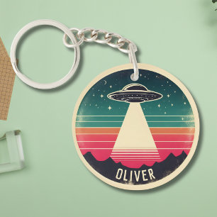 Vintage UFO at Sunset Personalized Keychain