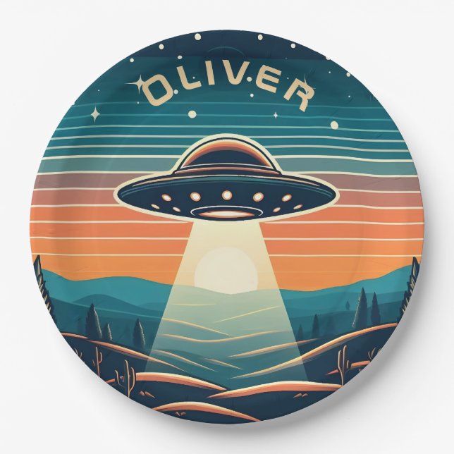  Vintage UFO at Sunset Personalized Paper Plates (Front)