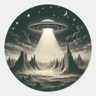 Vintage UFO Over Mountains Flying Saucer Aliens Classic Round Sticker