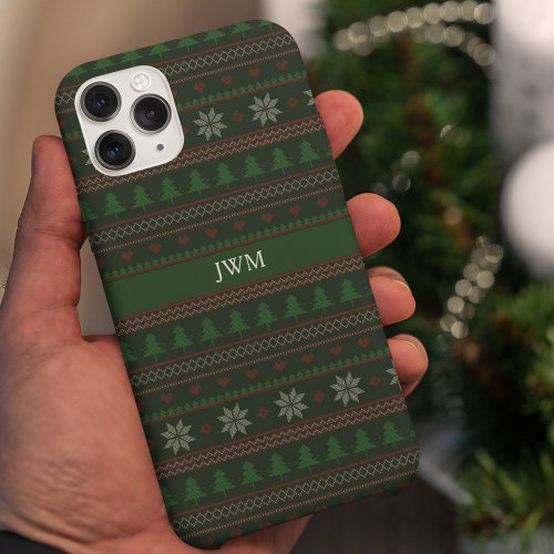 Vintage Ugly Christmas Sweater Green Monogram iPhone 14 Case