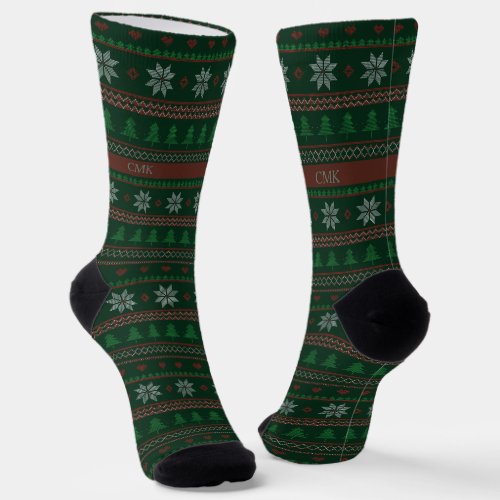 Vintage Ugly Christmas Sweater Green Monogram Socks