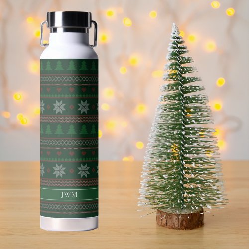 Vintage Ugly Christmas Sweater Green Monogram Water Bottle