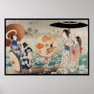 Vintage ukiyo-e japanese ladies with umbrella art poster