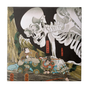 Vintage Ukiyo-e Kuniyoshi Skeleton Specter Art Ceramic Tile
