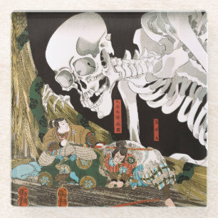 Vintage Ukiyo-e Kuniyoshi Skeleton Specter Art Glass Coaster