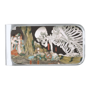 Vintage Ukiyo-e Kuniyoshi Skeleton Specter Art Silver Finish Money Clip