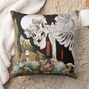 Vintage Ukiyo-e Kuniyoshi Skeleton Specter Art Throw Pillow