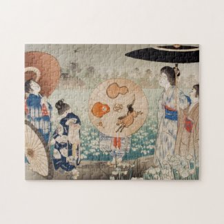 Vintage ukiyo-e ladies with umbrella art geishas jigsaw puzzle