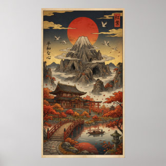 Vintage Ukiyo-e Mount Fuji Autumn Landscape Poster