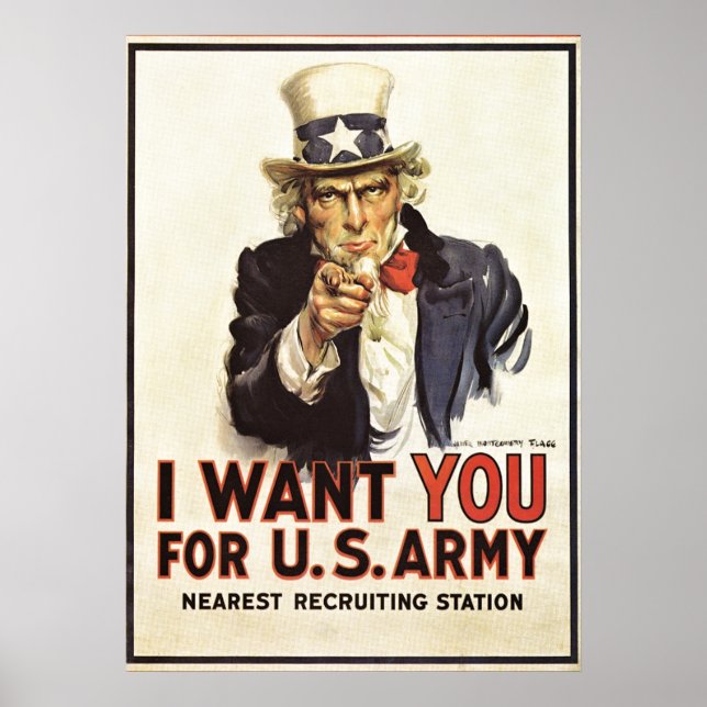 Vintage Uncle Sam I Want You WWI Propaganda USA Poster (Front)