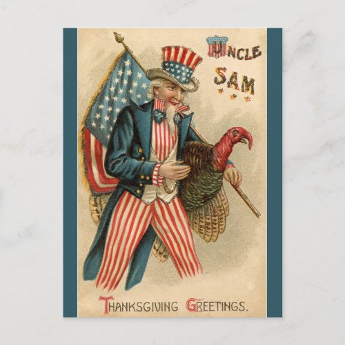Vintage Uncle Sam With a Turkey and American Flag Postcard