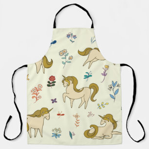 Vintage unicorn in forest flowers color illustrati apron