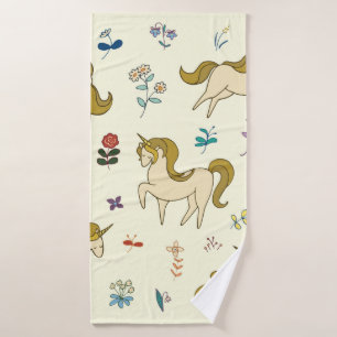 Vintage unicorn in forest flowers color illustrati bath towel