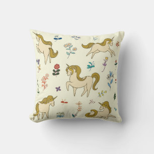 Vintage unicorn in forest flowers color illustrati throw pillow