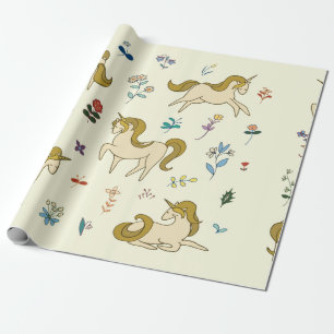 Vintage unicorn in forest flowers color illustrati wrapping paper