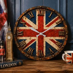 Vintage Union Jack Rustic British Flag UK Home Large Clock