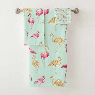 Vintage Unique Girly Pink and Gold Funky Flamingo Bath Towel Set