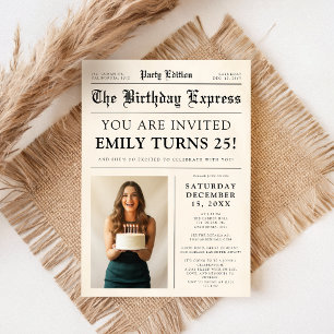 Vintage Unique Newspaper Photo 25th Birthday Party Invitation