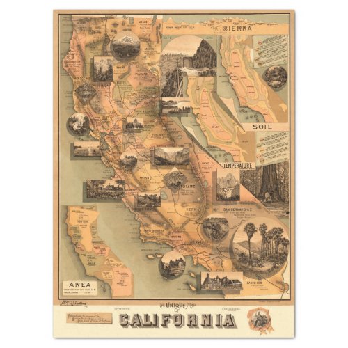Vintage Unique Restored California Map Decoupage Tissue Paper