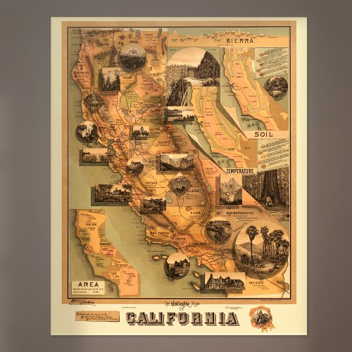 Vintage Unique Restored Map of California 1885 Acrylic Print