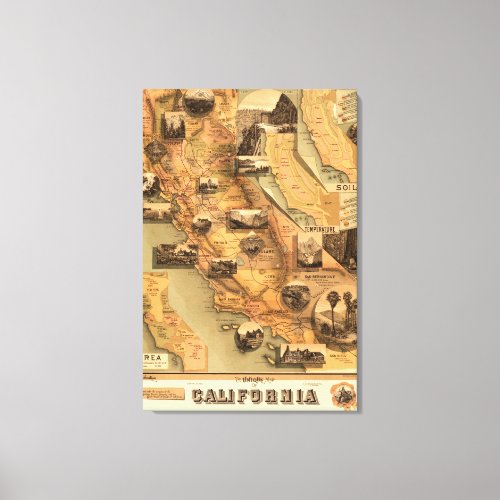 Vintage Unique Restored Map of California 1885 Canvas Print