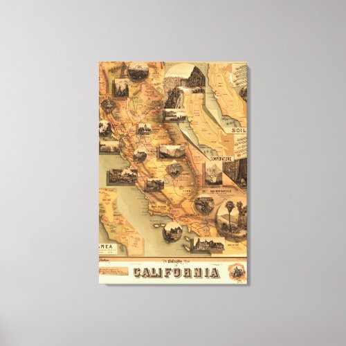 Vintage Unique Restored Map of California 1885 Canvas Print