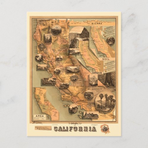 Vintage Unique Restored Map of California 1885 Postcard