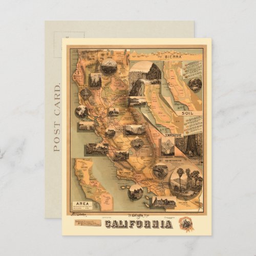 Vintage Unique Restored Map of California 1885 Postcard