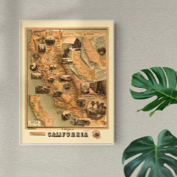 Vintage Unique Restored Map of California, 1885 Poster