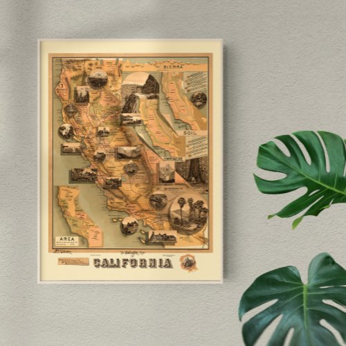 Vintage Unique Restored Map of California 1885 Poster