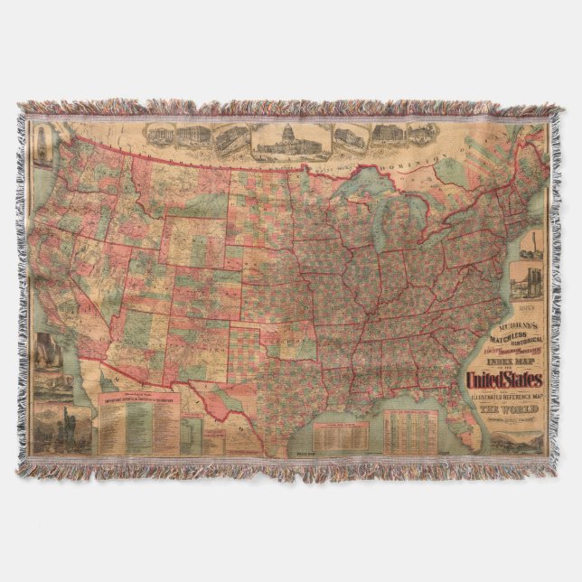 Vintage United States Map (1883) Throw Blanket (Front)