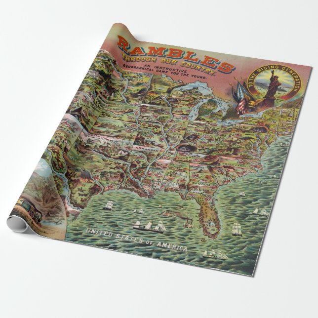 Vintage United States Map Rambles Travel Wrapping Paper (Unrolled)
