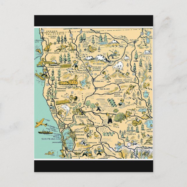 Vintage Upper Northern California Map Postcard (Front)