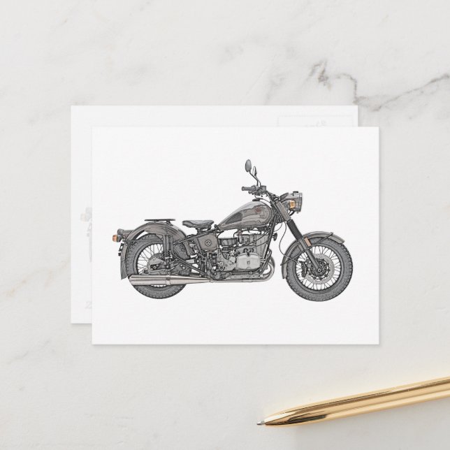 Vintage Ural Motorbike Antique Motorcycle Drawing Postcard (Front/Back In Situ)