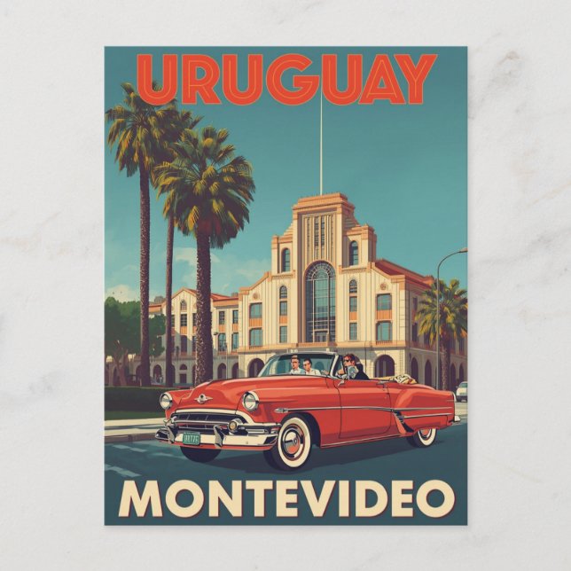 Vintage Uruguay Travel Poster Convertible Car Postcard (Front)