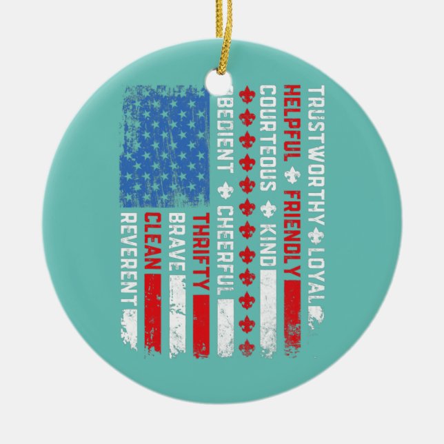Vintage US America Flag Scouting Law Happy 4th of Ceramic Ornament (Front)