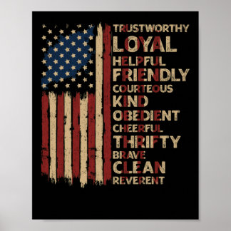 Vintage US America Flag Scouting Scout Law Poster