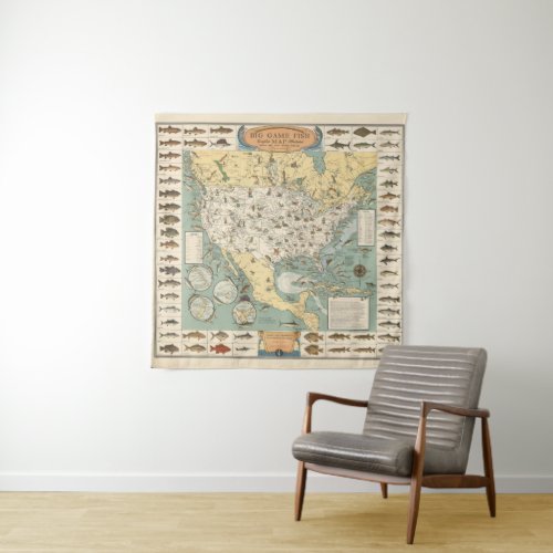 Vintage US Fish Map Tapestry