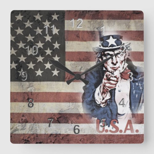 Vintage US Flag and Uncle Sam Square Wall Clock