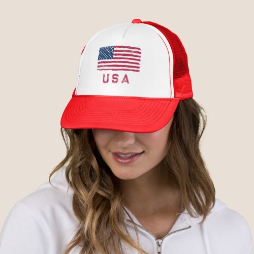 Vintage US Flag Design With Red Text Trucker Hat