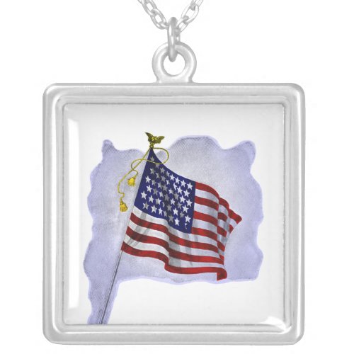 Vintage US Flag in Patriotic Colors Silver Plated Necklace