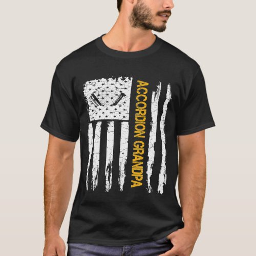 Vintage Usa American Flag Accordion Grandpa Silhou T_Shirt