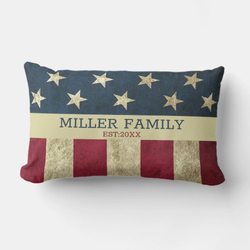 Vintage USA American Flag Family Name Rustic Lumbar Pillow