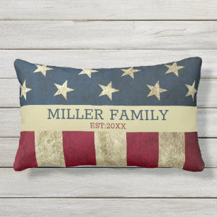 Vintage USA American Flag Family Name Rustic Lumbar Pillow