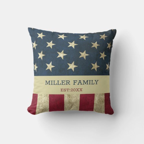 Vintage USA American Flag Family Name Rustic Outdoor Pillow