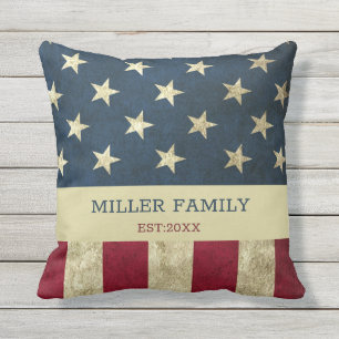 Vintage USA American Flag Family Name Rustic Outdoor Pillow