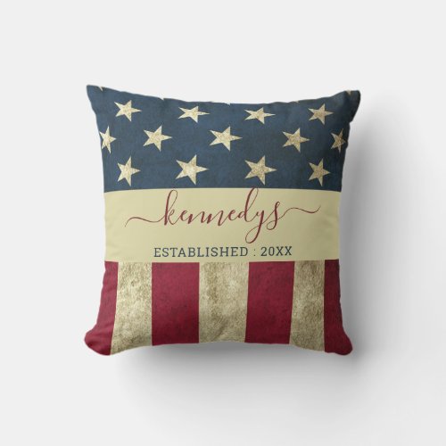 Vintage USA American Flag Rustic Family Name  Outdoor Pillow