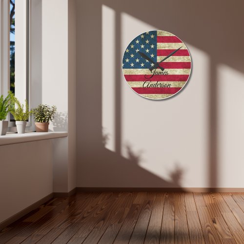 Vintage USA Flag American Patriotism Monogram Round Clock